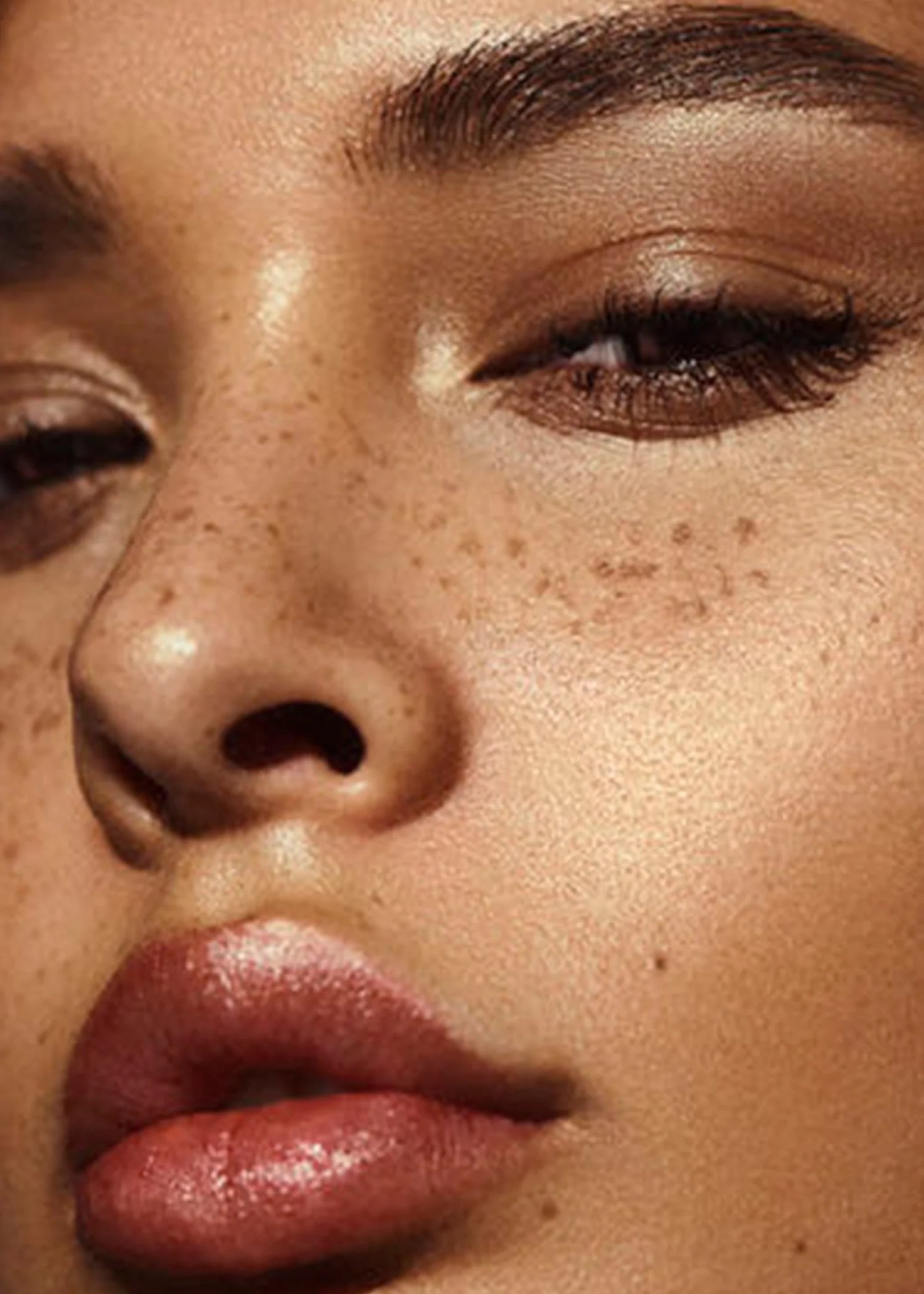 Close up of female face with freckles, glowy skin,  plump lips and shimmery eye makeup